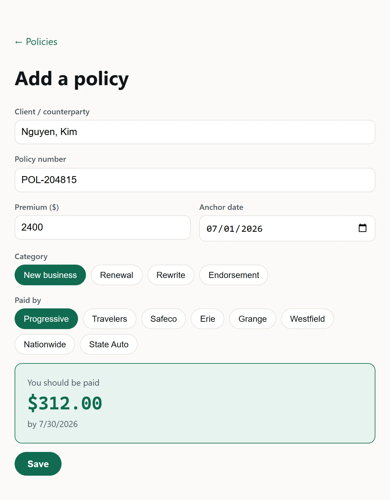 Logging a deal in PayoutVerify, showing the expected payout of $312.00 and pay-by date computed live